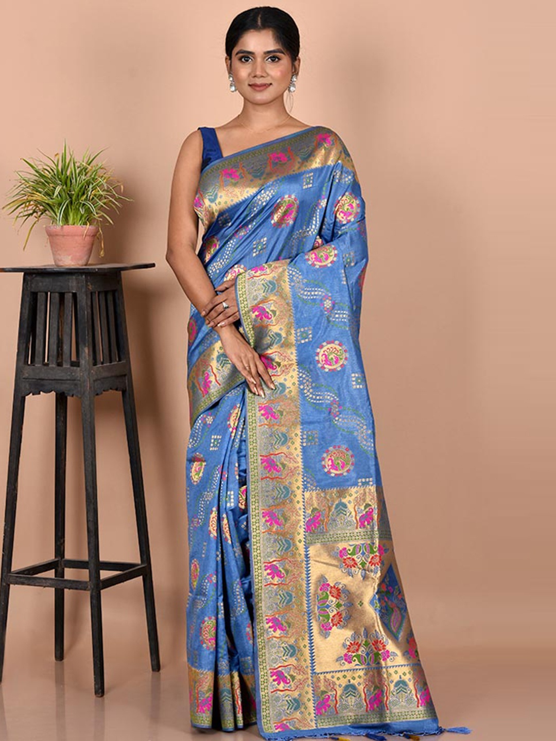

AllSilks Blue & Gold-Toned Ethnic Motifs Zari Silk Blend Saree