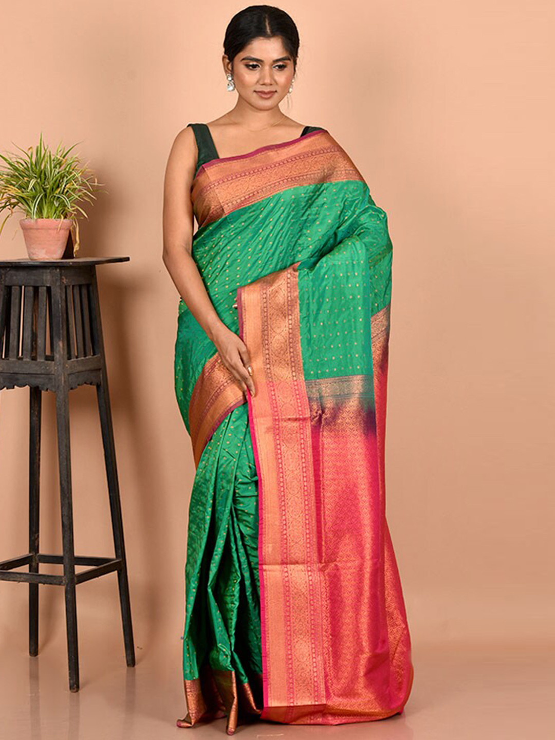 

AllSilks Green & Pink Zari Kanjeevaram Saree