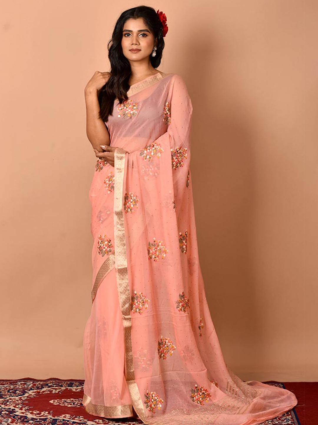 

AllSilks Pink & White Floral Zari Pure Chiffon Saree