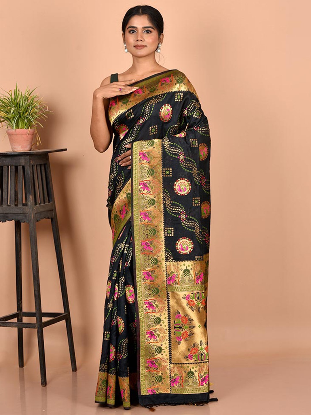 

AllSilks Black & Gold-Toned Ethnic Motifs Zari Saree