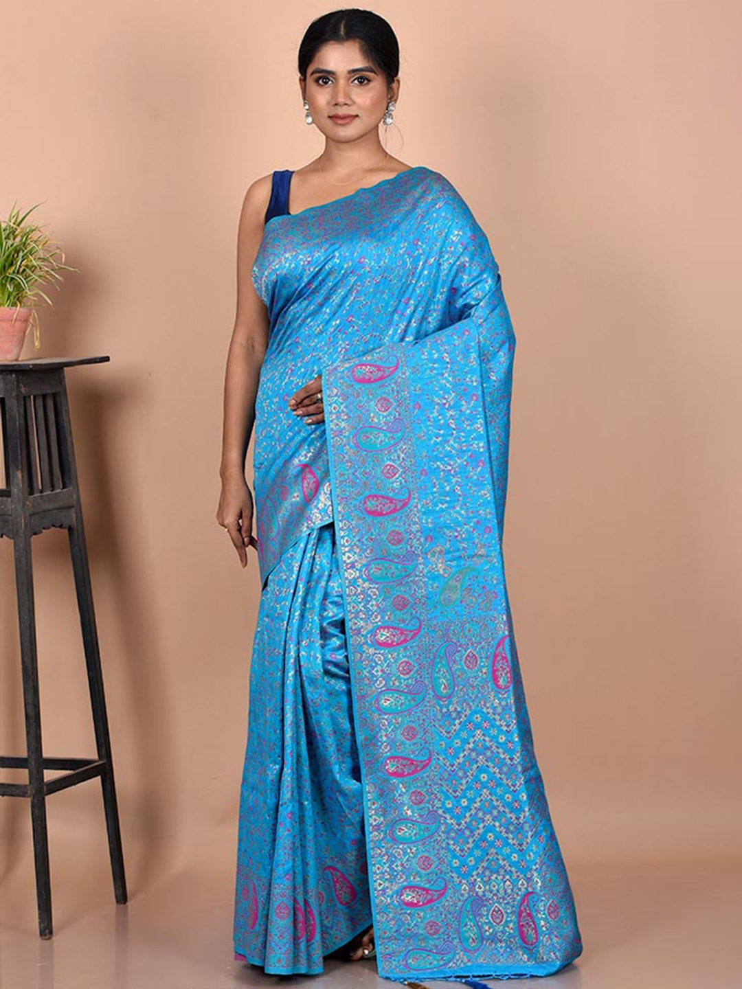 

AllSilks Blue & Pink Paisley Zari Saree