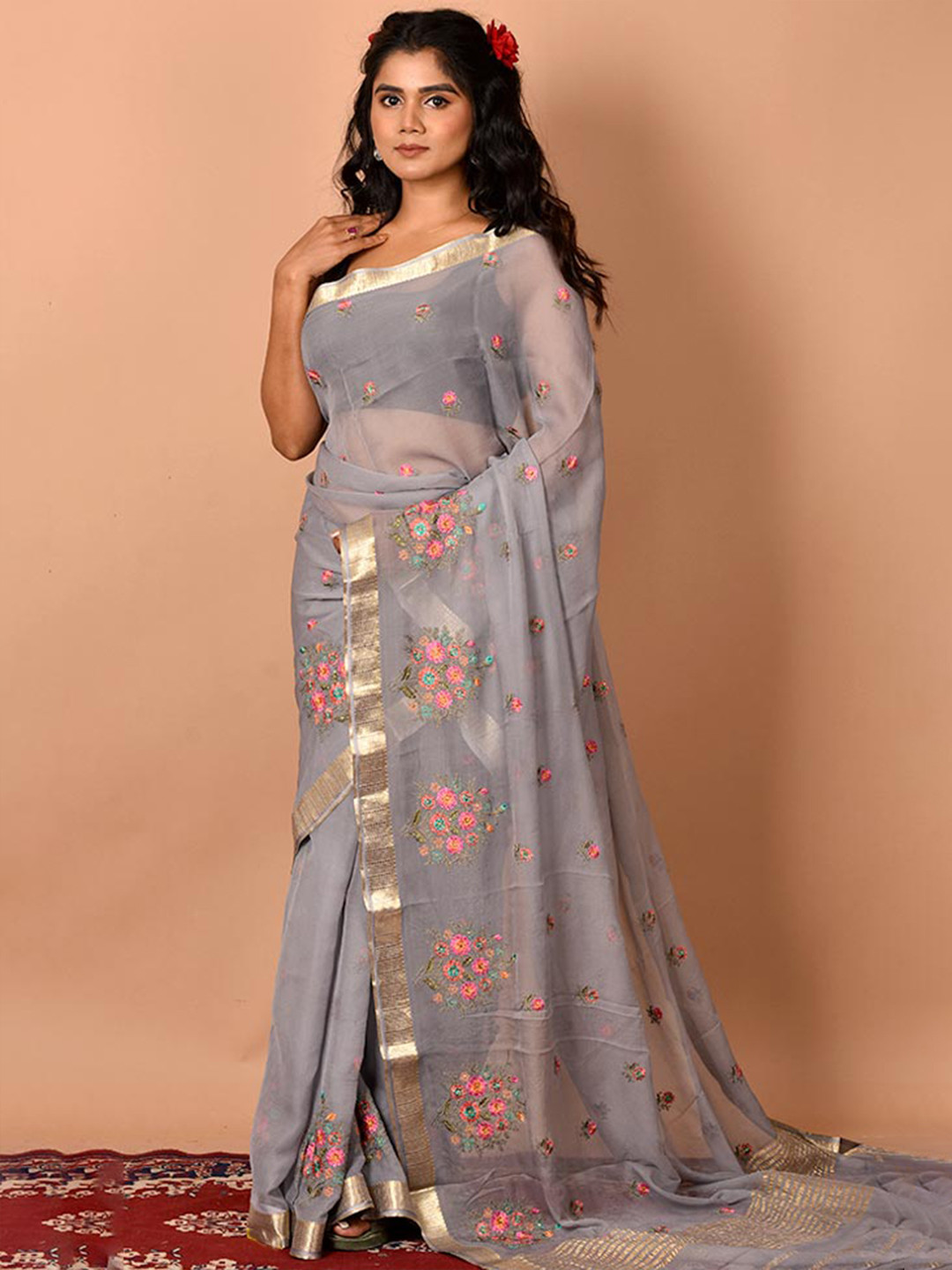 

AllSilks Grey & Pink Floral Zari Pure Chiffon Saree