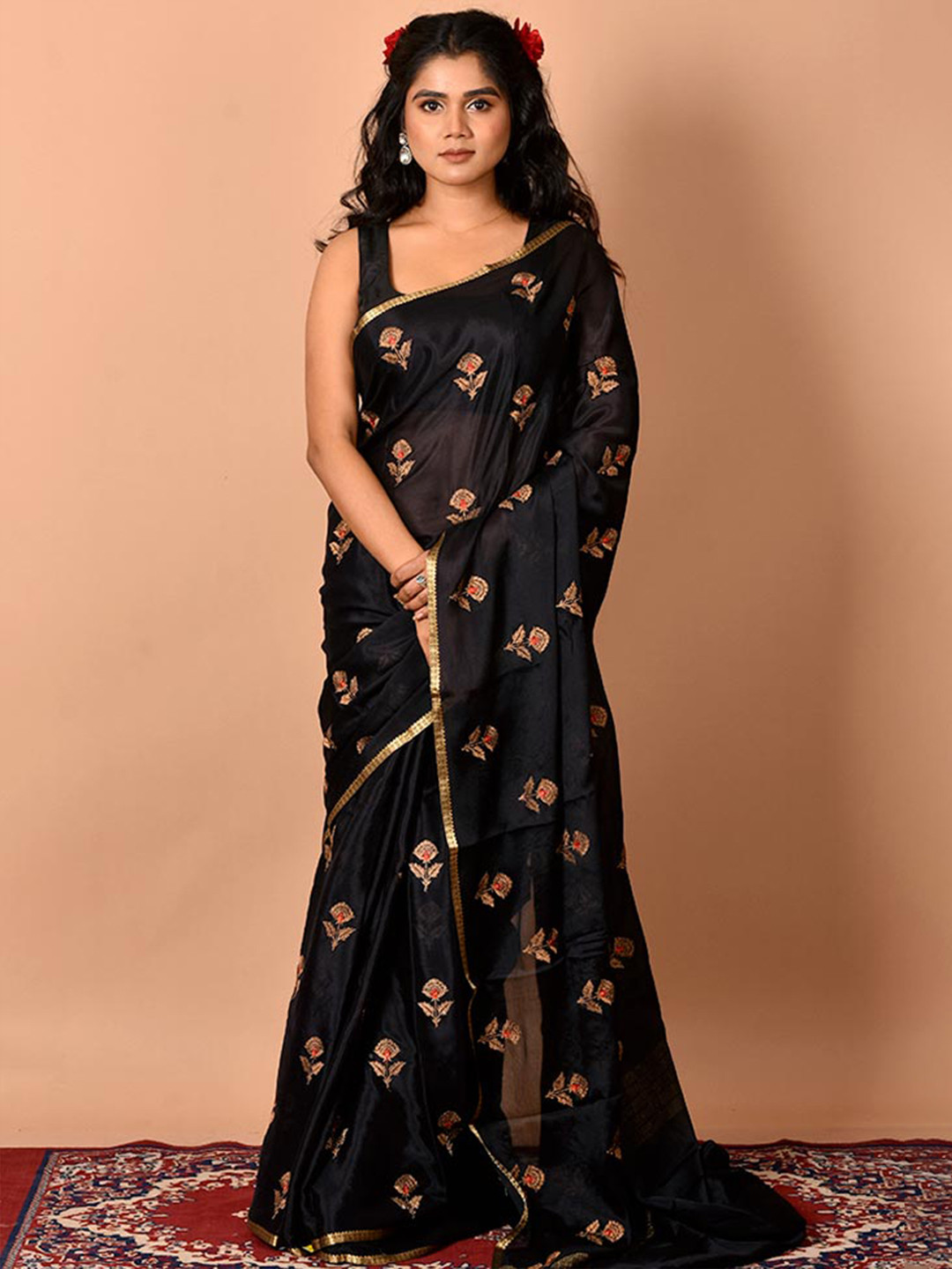

AllSilks Black & Red Floral Zari Pure Chiffon Saree