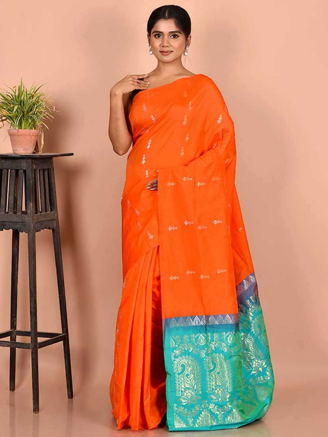 

AllSilks Orange & Green Ethnic Motifs Zari Kanjeevaram Saree