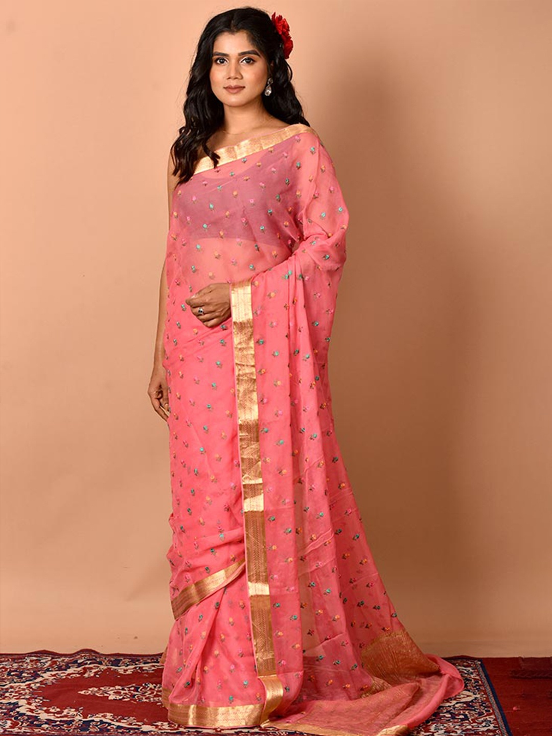 

AllSilks Pink & Green Floral Zari Pure Chiffon Saree