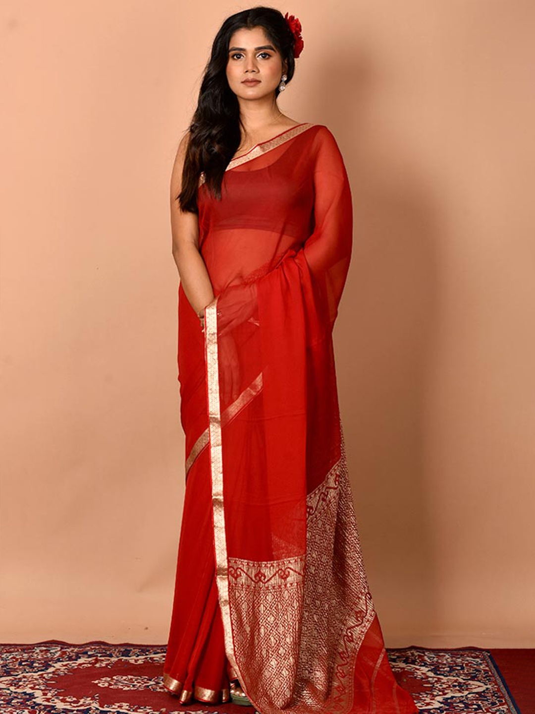 

AllSilks Maroon & Gold-Toned Zari Pure Chiffon Saree