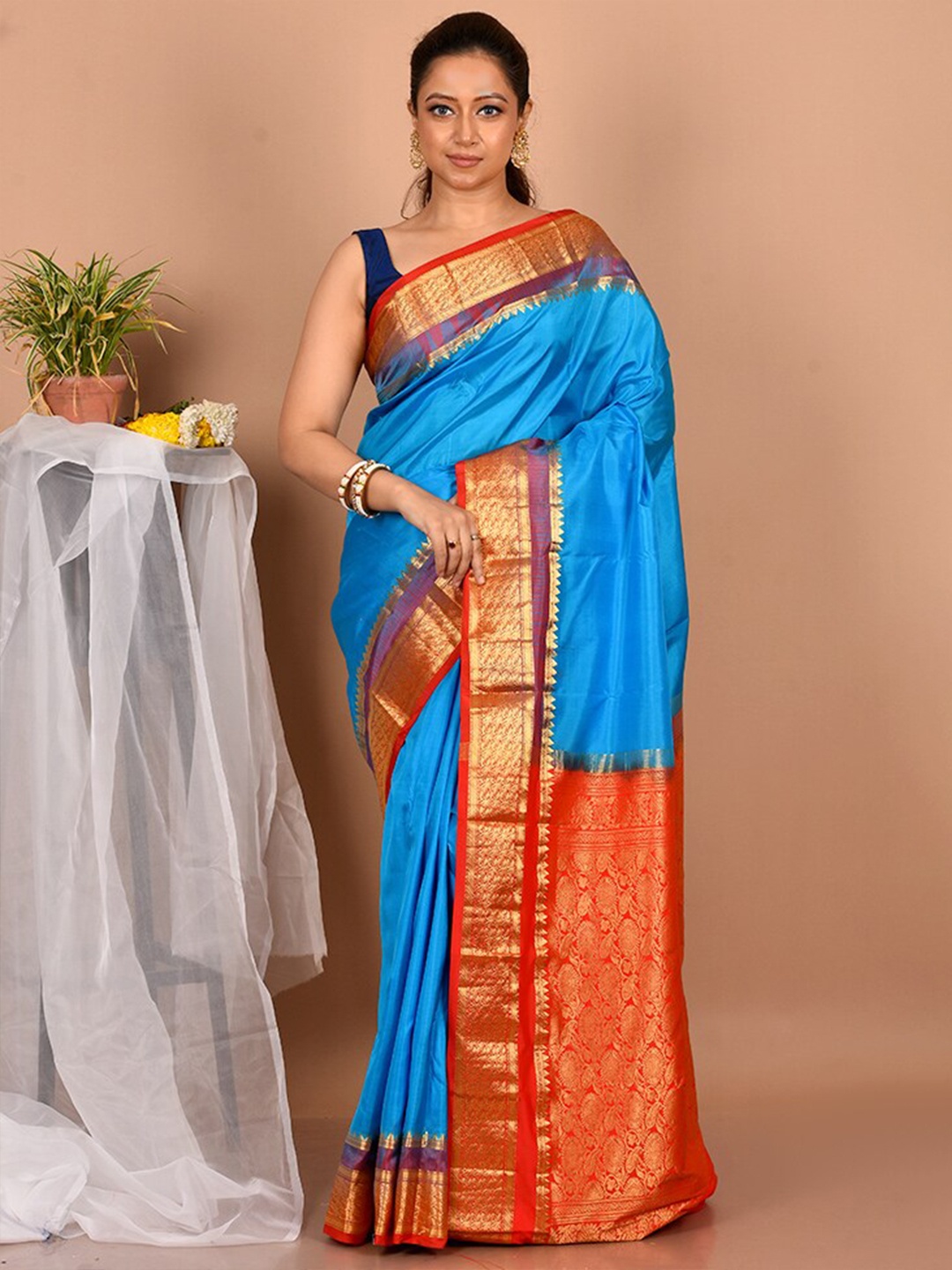 

AllSilks Blue & Red Woven Design Zari Pure Silk Kanjeevaram Saree