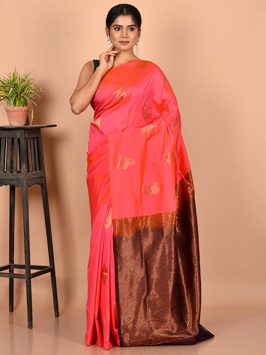 

AllSilks Pink & Burgundy Woven Design Zari Silk Blend Kanjeevaram Saree