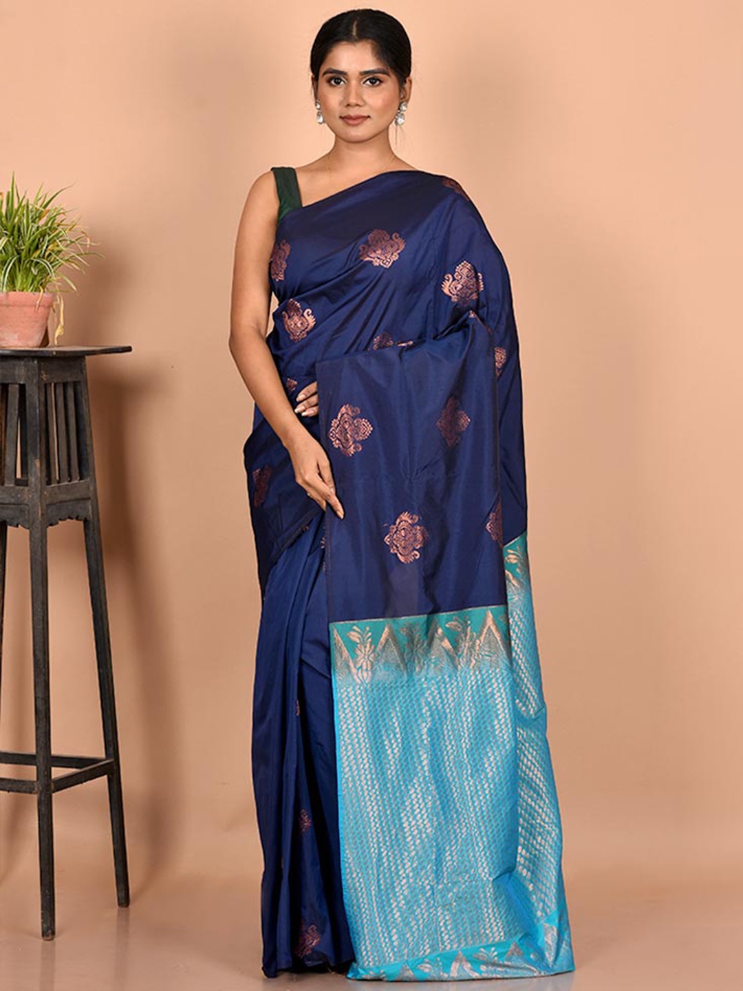 

AllSilks Navy Blue & Blue Woven Design Zari Silk Blend Kanjeevaram Saree