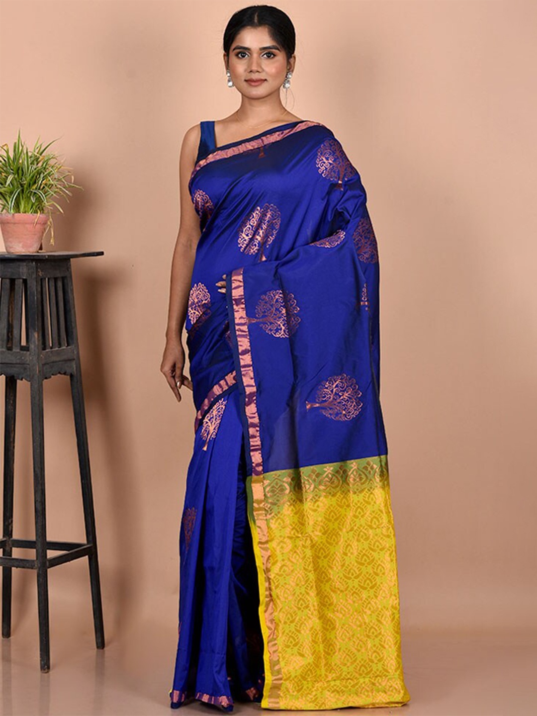 

AllSilks Blue & Mustard Floral Zari Silk Blend Kanjeevaram Saree
