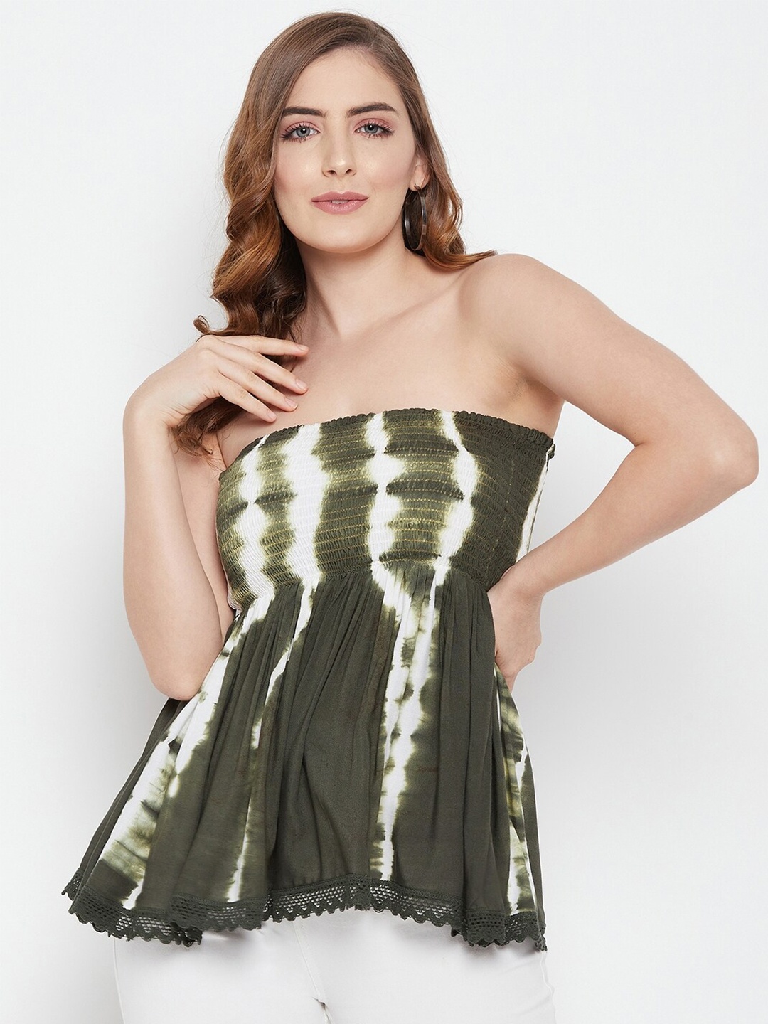 

Ruhaans Olive Green & White Tie and Dye Printed Tube Top