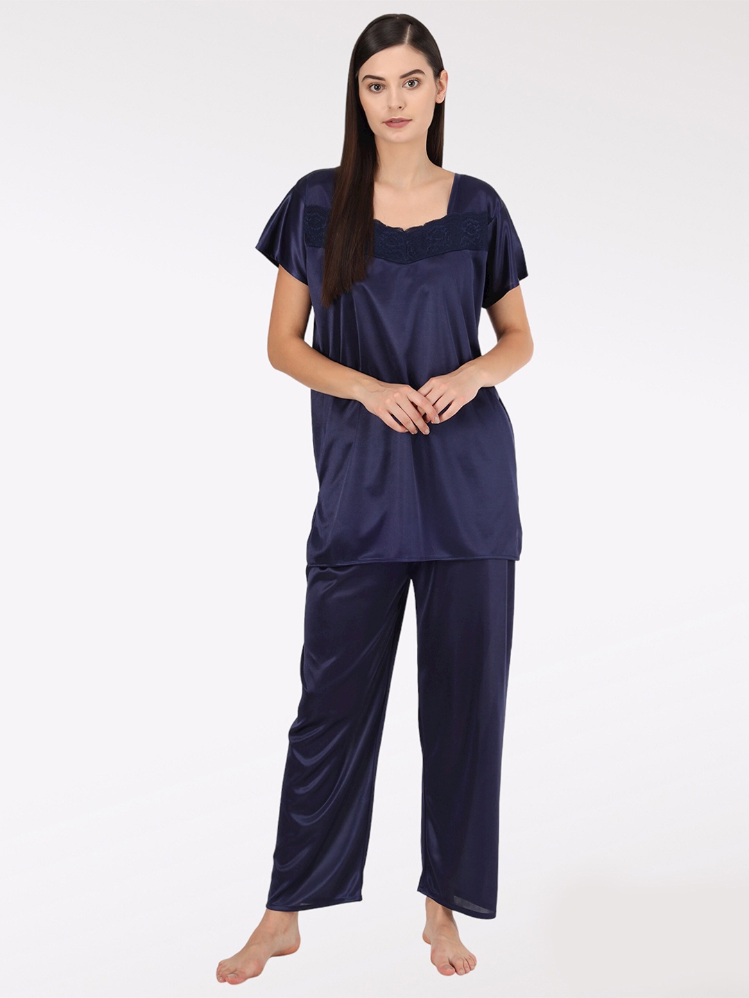 

SEPHANI Women Navy Blue Satin Night Suit