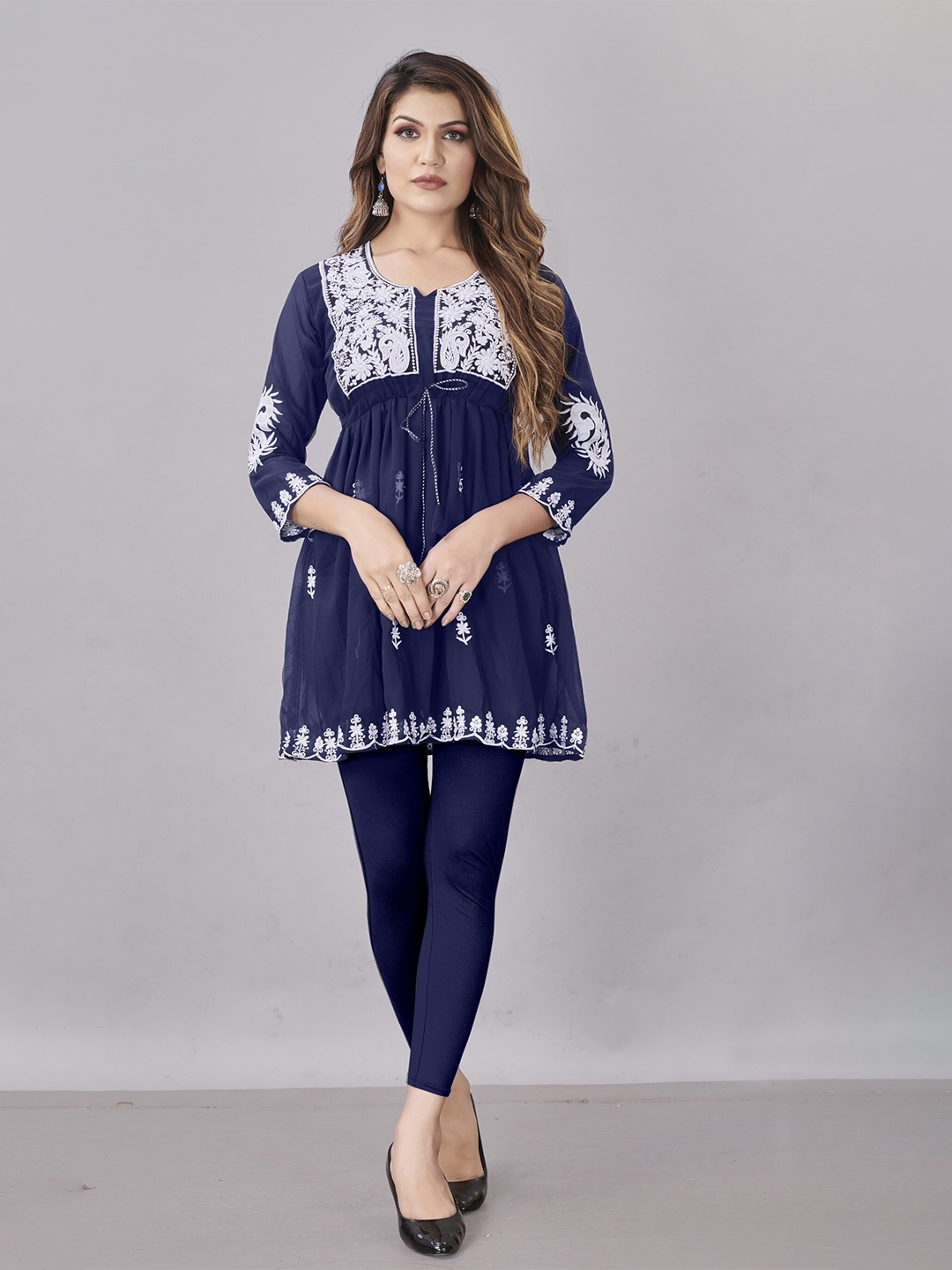 

Fashion FRICKS Blue & White Ethnic Motifs Embroidered Kurti