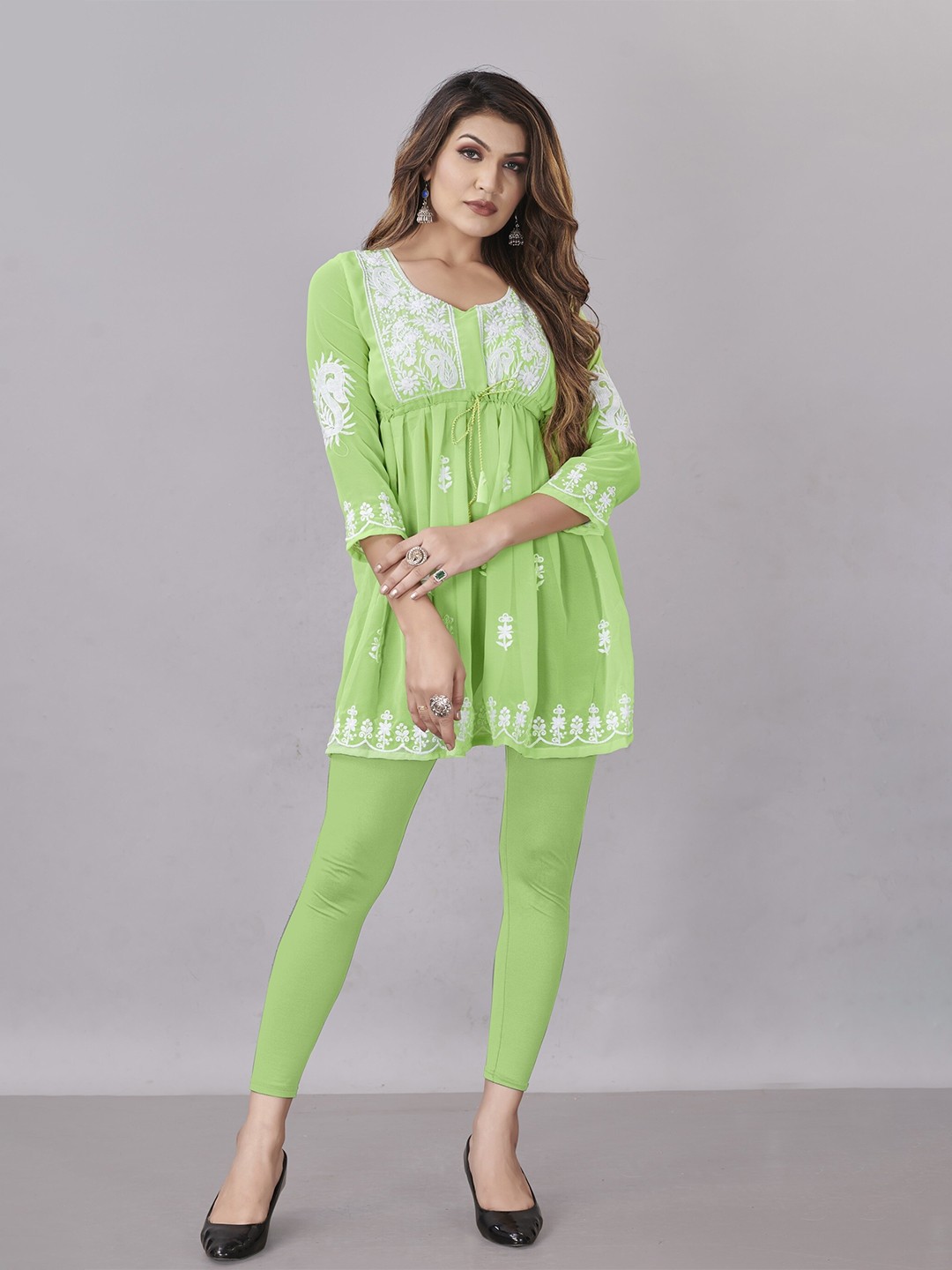 

Fashion FRICKS Green Ethnic Motifs Embroidered Chikankari Pleated Kurti