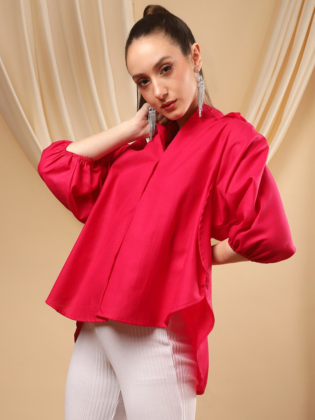

Bani Women Magenta Mandarin Collar High Low Top
