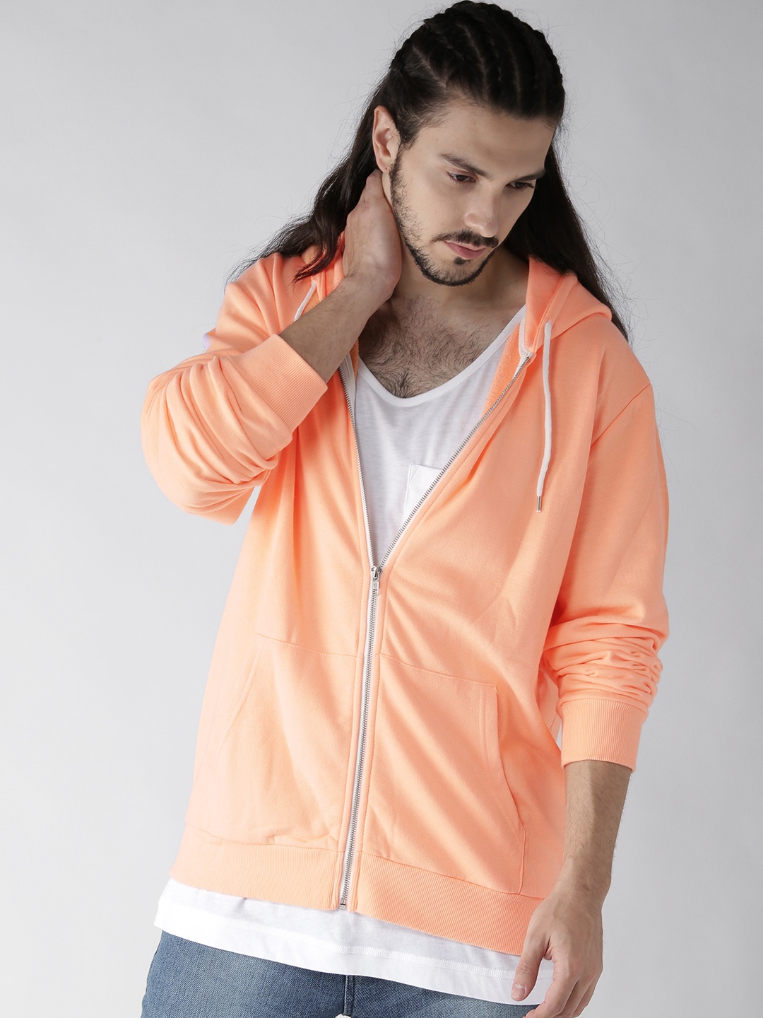 

FOREVER 21 Men Coral Orange Solid Hooded Sweatshirt