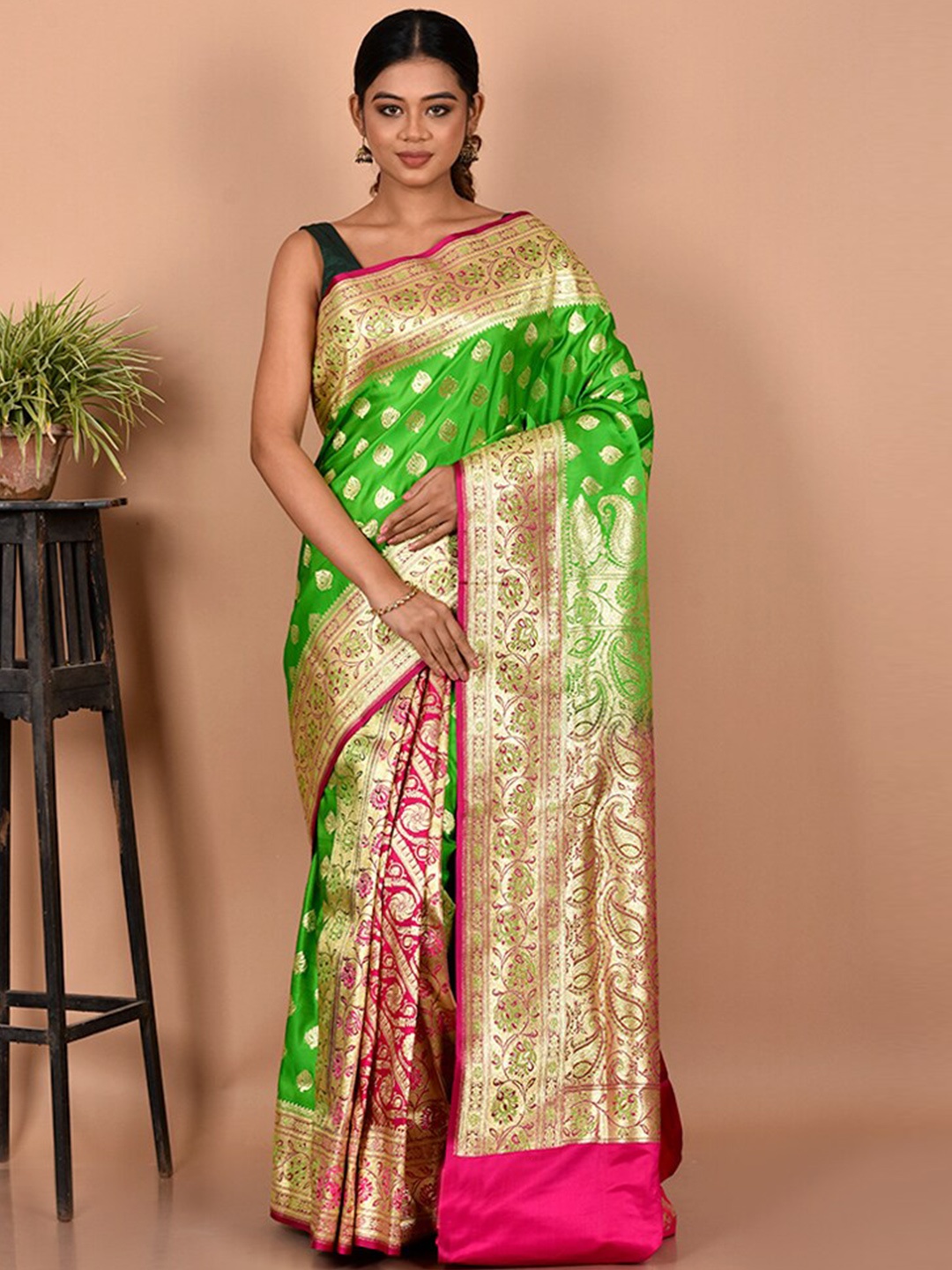 

AllSilks Green & Pink Woven Design Zari Silk Blend Banarasi Saree