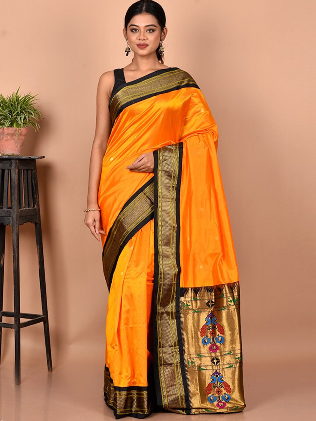 

AllSilks Rust & Black Woven Design Zari Pure Silk Kanjeevaram Saree