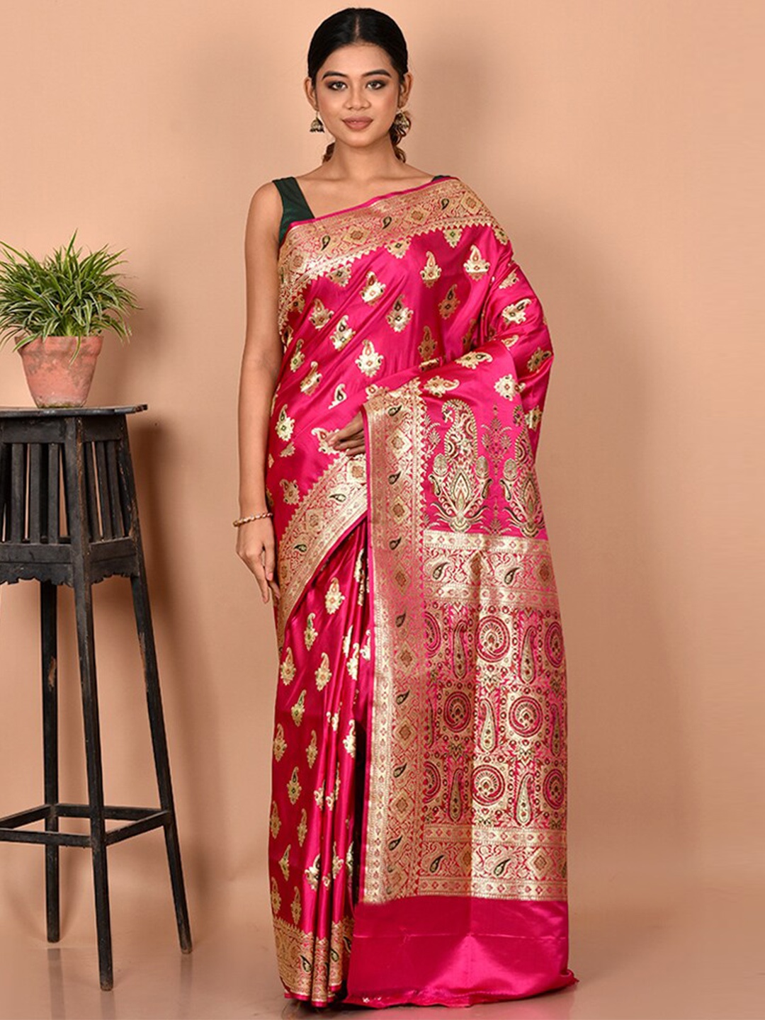 

AllSilks Pink & Green Woven Design Zari Pure Silk Banarasi Saree