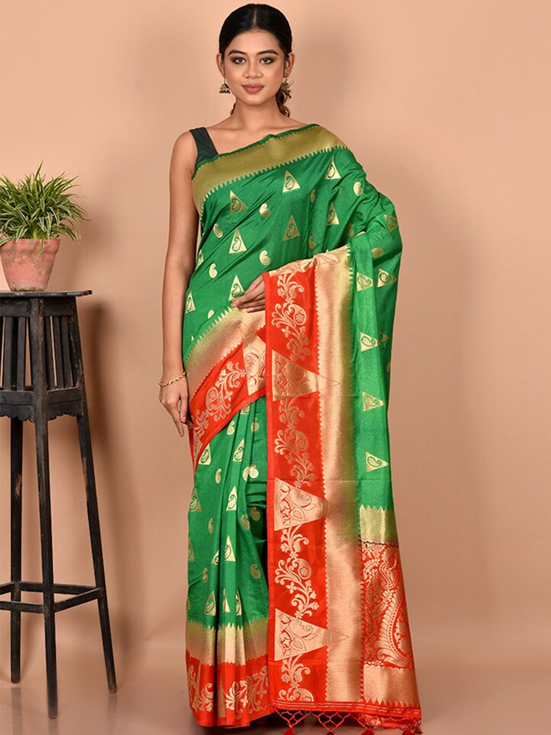 

AllSilks Green & Red Woven Design Zari Silk Blend Saree