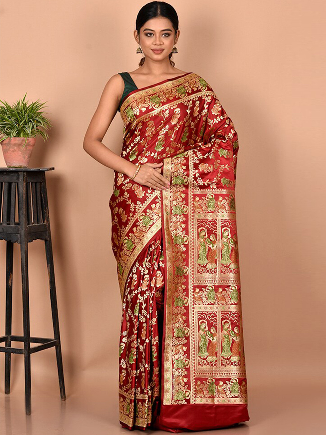 

AllSilks Maroon & Green Woven Design Zari Pure Silk Banarasi Saree