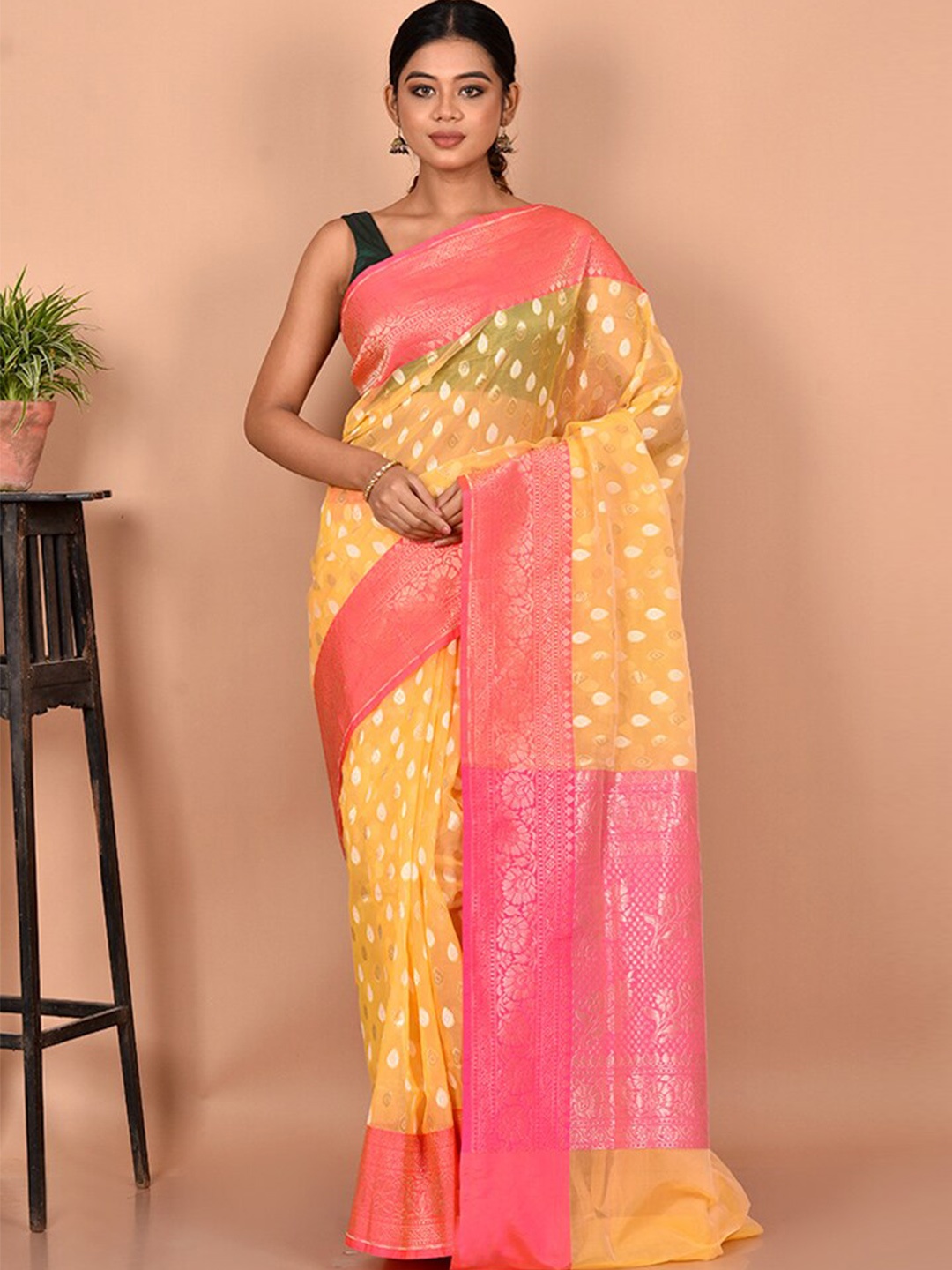 

AllSilks Yellow & Pink Woven Design Zari Silk Blend Saree