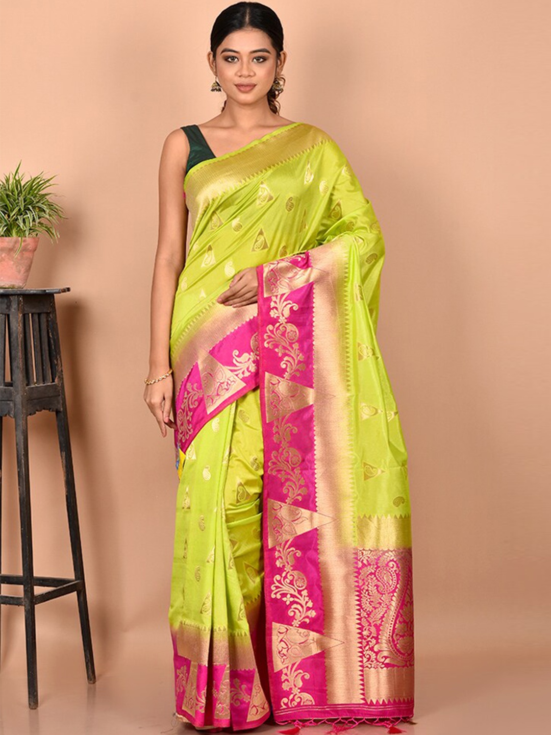 

AllSilks Green & Pink Woven Design Zari Silk Blend Saree