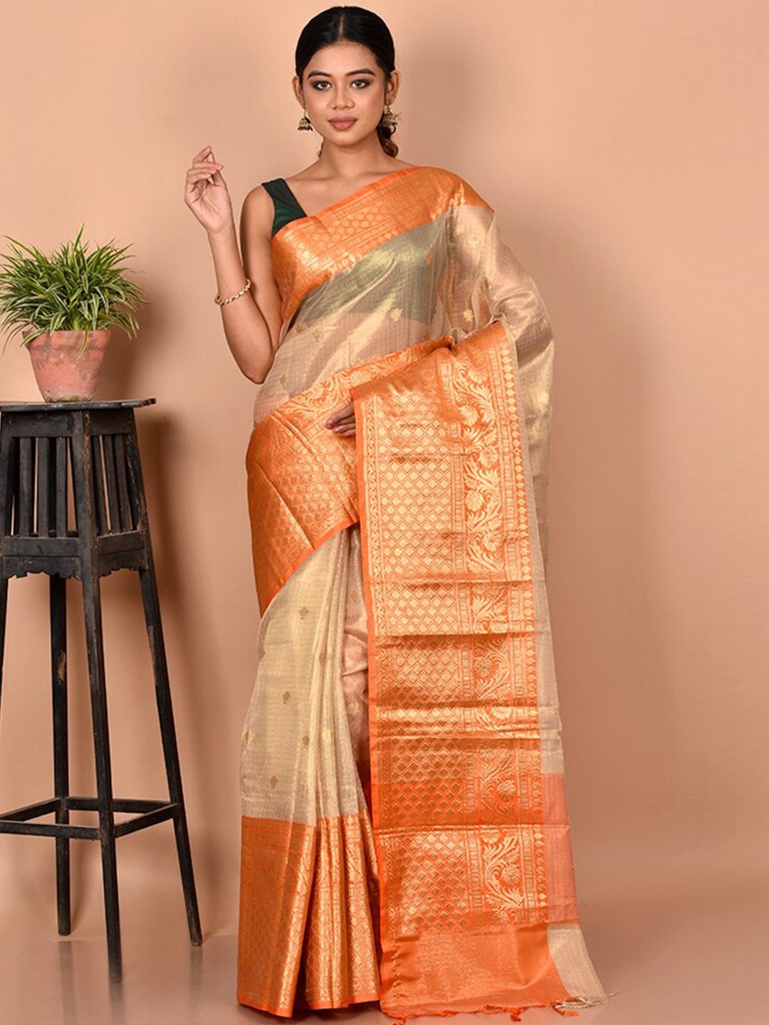 

AllSilks Cream-Coloured & Orange Woven Design Zari Silk Blend Saree