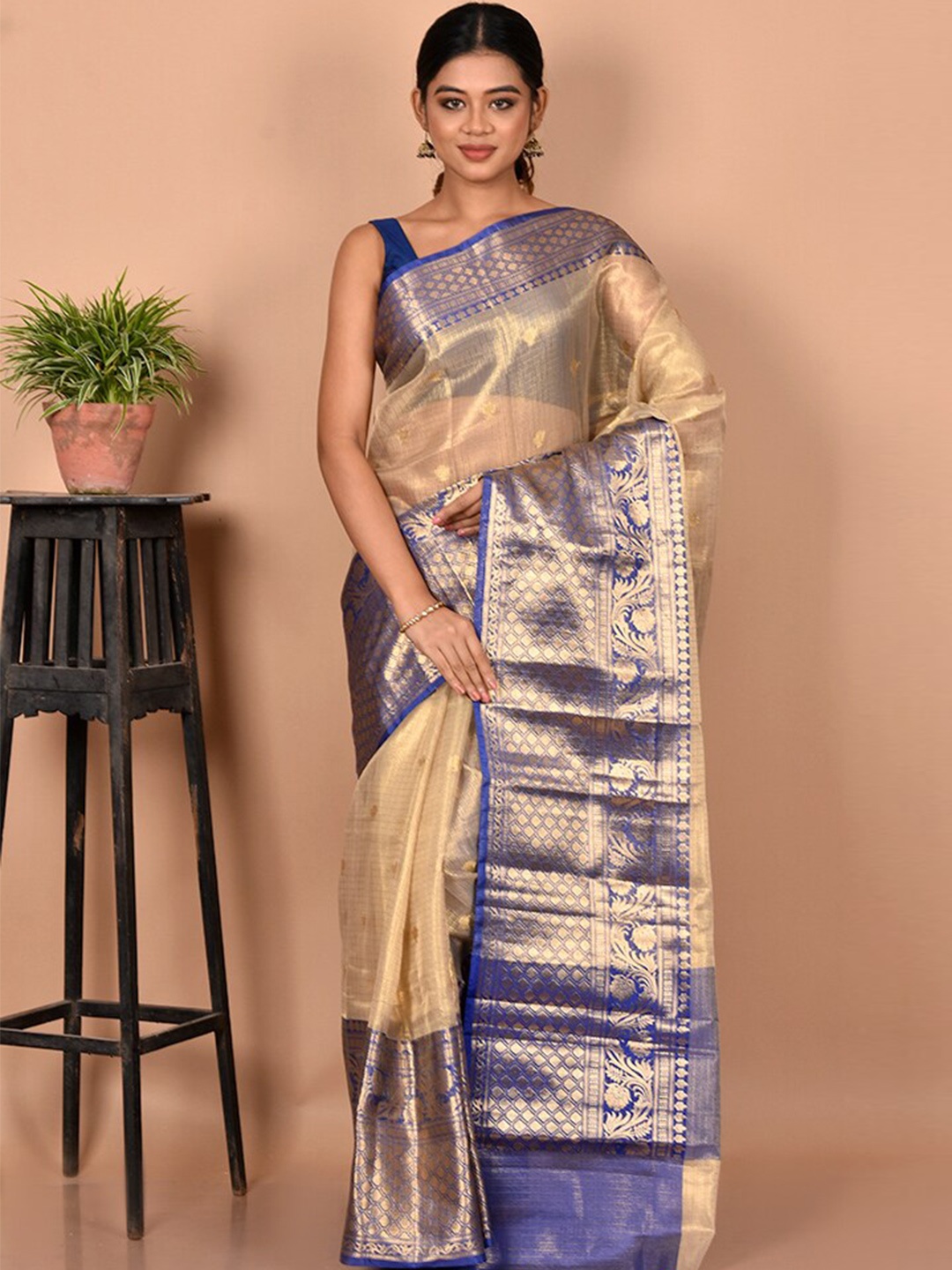 

AllSilks Cream-Coloured & Navy Blue Woven Design Zari Silk Blend Saree