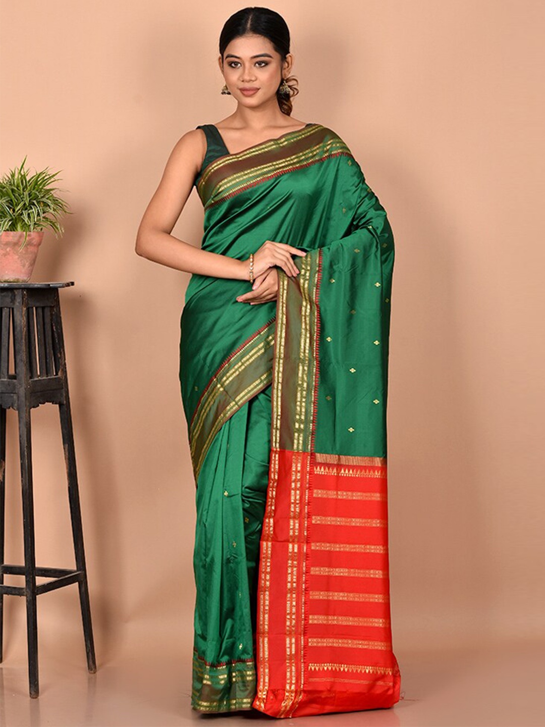 

AllSilks Green & Red Woven Design Zari Silk Blend Kanjeevaram Saree