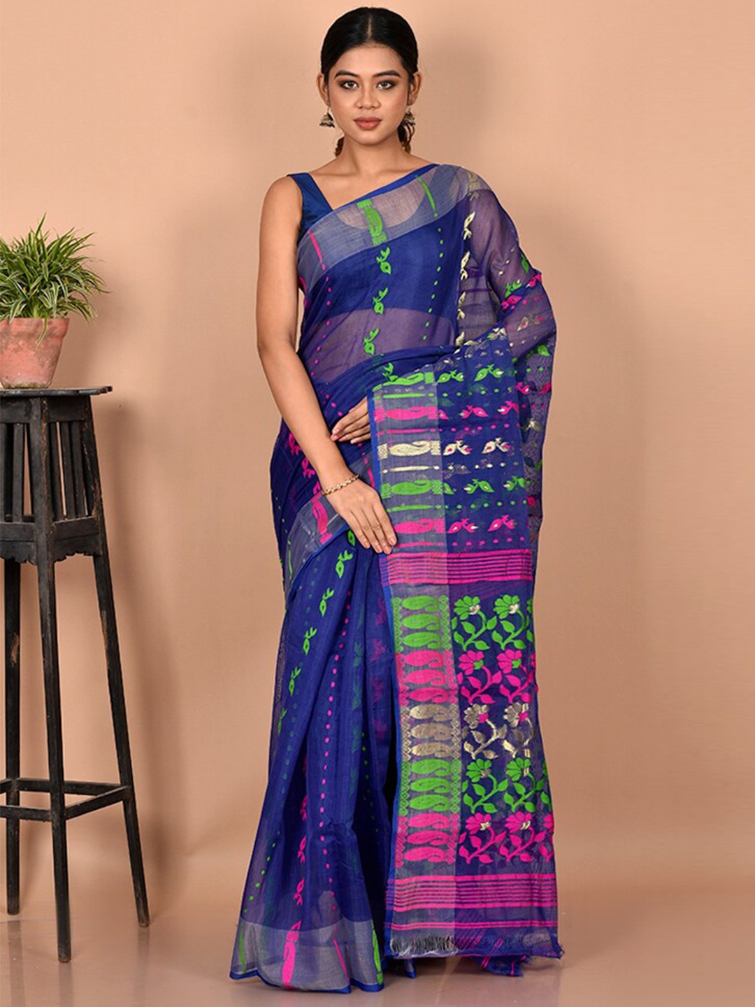

AllSilks Blue & Pink Ethnic Motifs Zari Pure Cotton Taant Saree