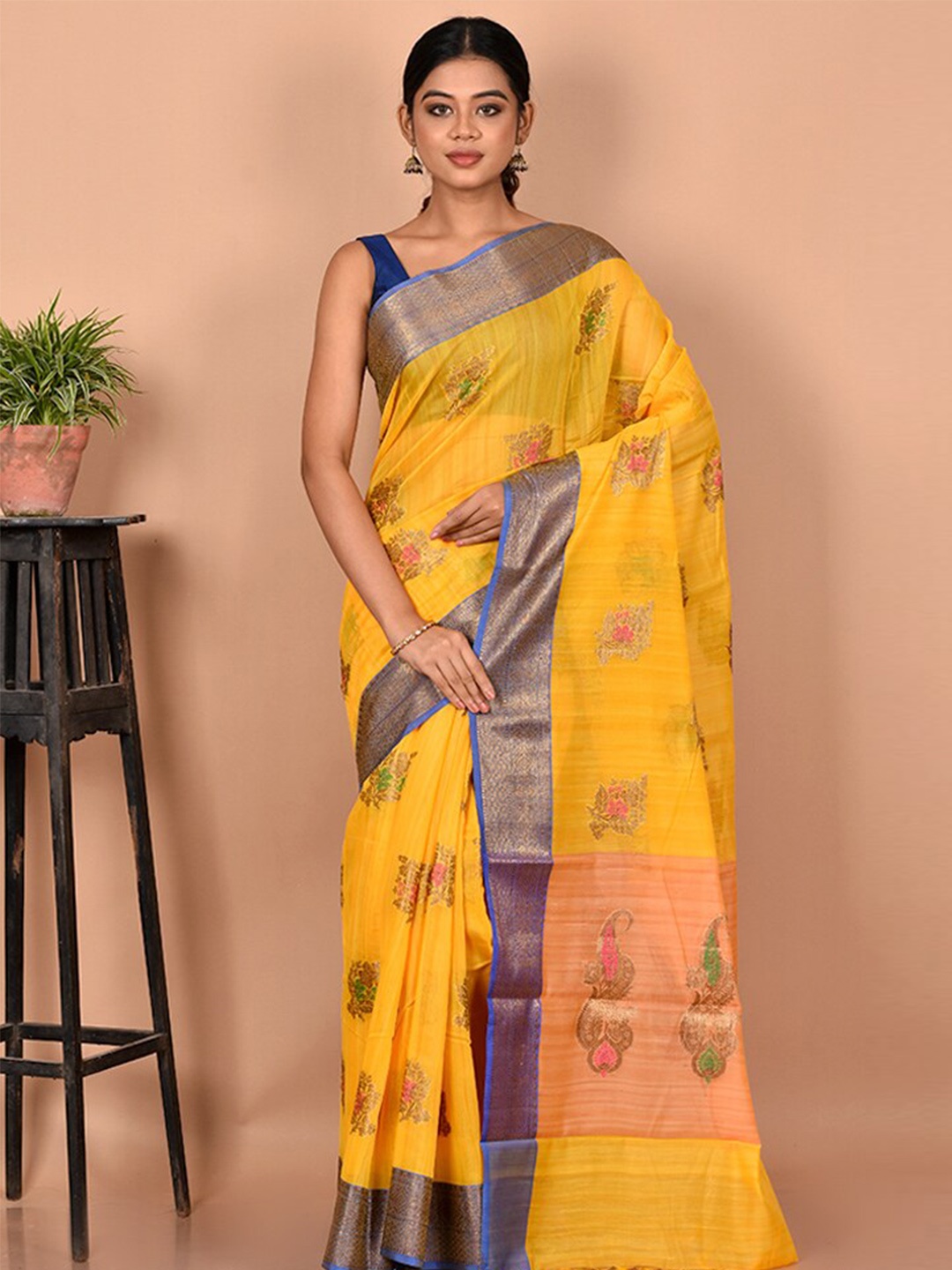 

AllSilks Yellow & Blue Floral Zari Saree