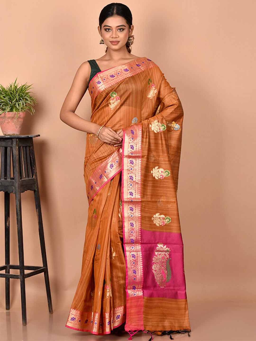 

AllSilks Rust & Pink Woven Design Zari Silk Blend Saree