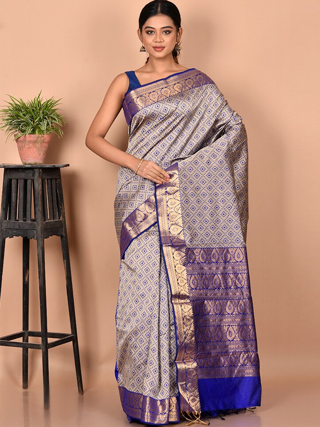 

AllSilks Grey & Blue Woven Design Zari Pure Cotton Saree