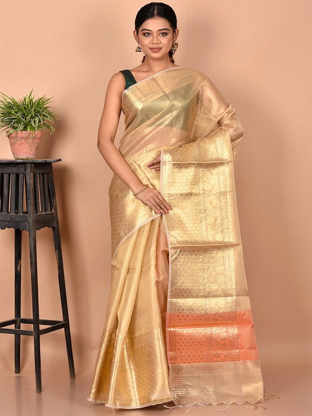 

AllSilks Cream-Coloured & Gold-Toned Woven Design Zari Silk Blend Saree