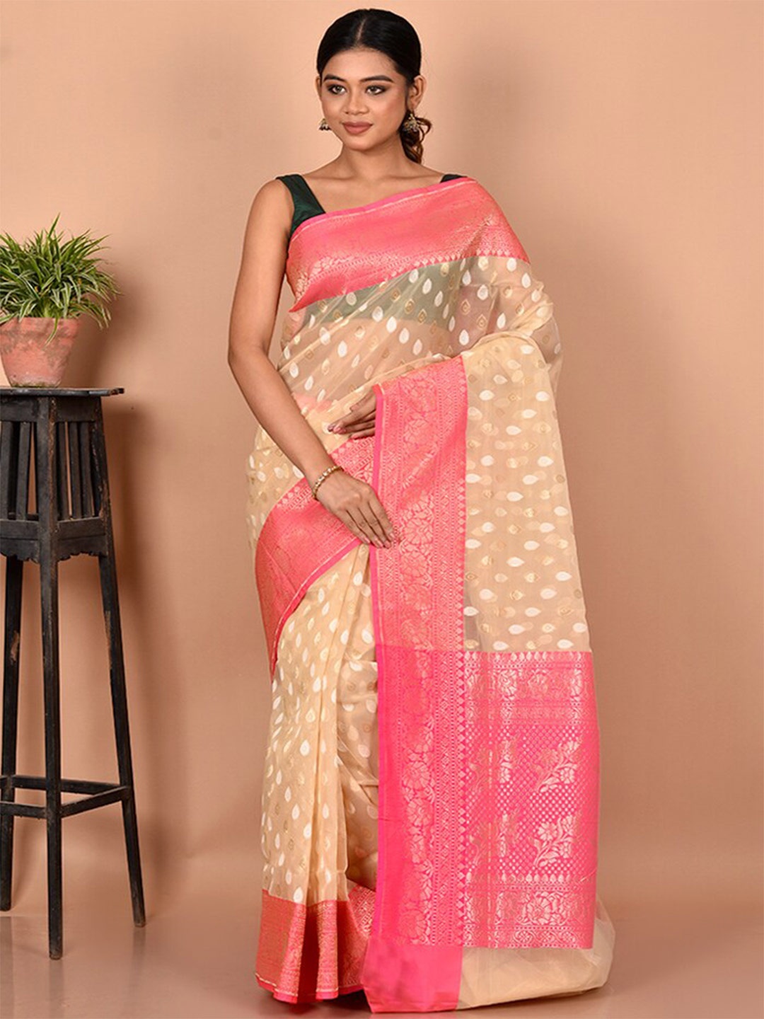 

AllSilks Cream-Coloured & Pink Woven Design Zari Silk Blend Saree