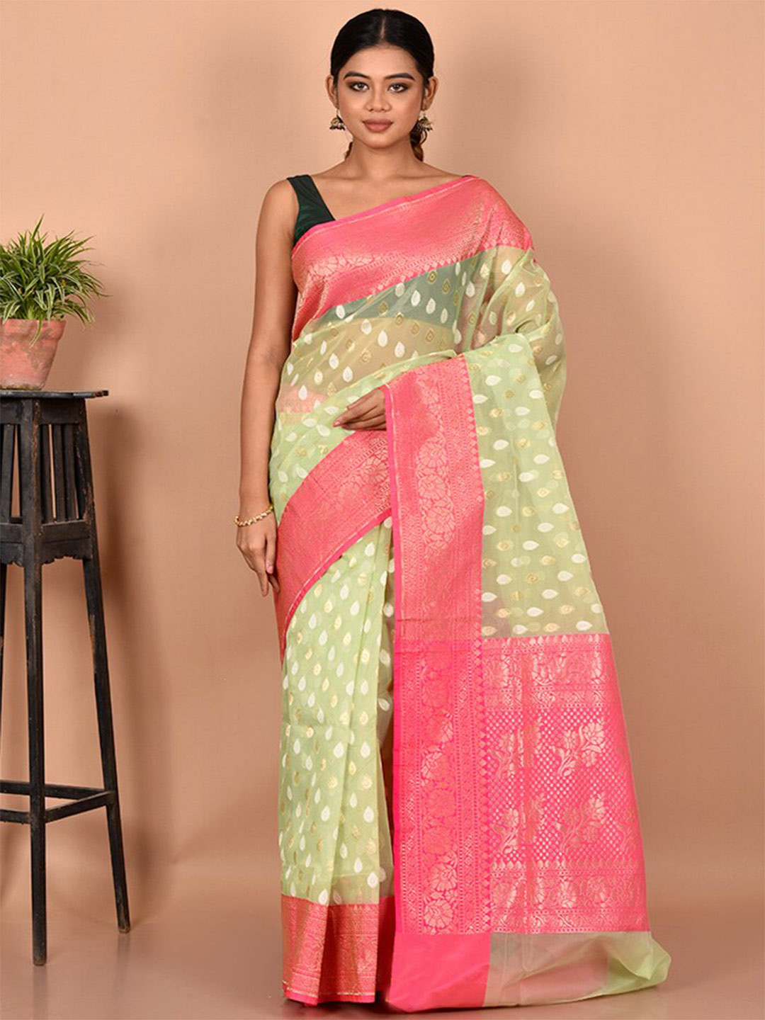 

AllSilks Green & Pink Woven Design Zari Silk Blend Saree