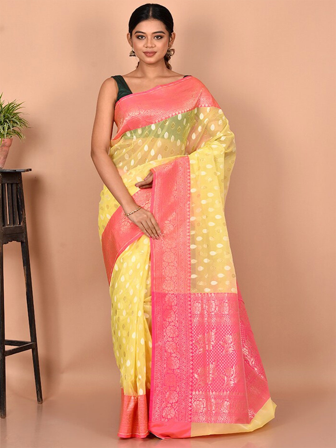 

AllSilks Yellow & Pink Woven Design Zari Silk Blend Saree