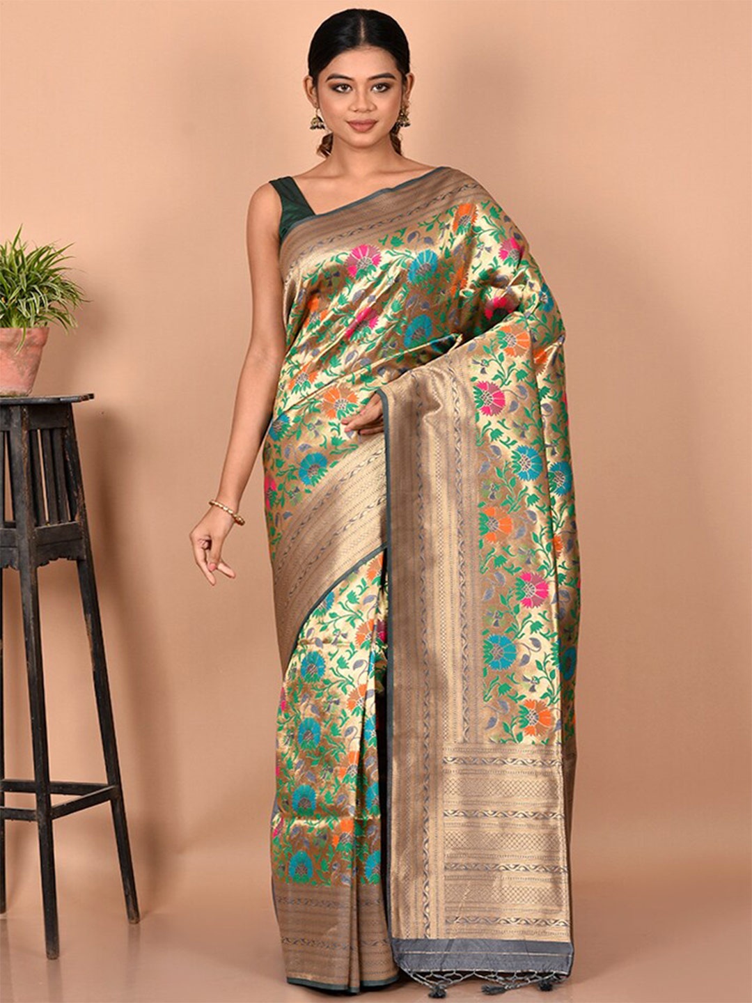 

AllSilks Grey & Blue Woven Design Zari Silk Blend Saree