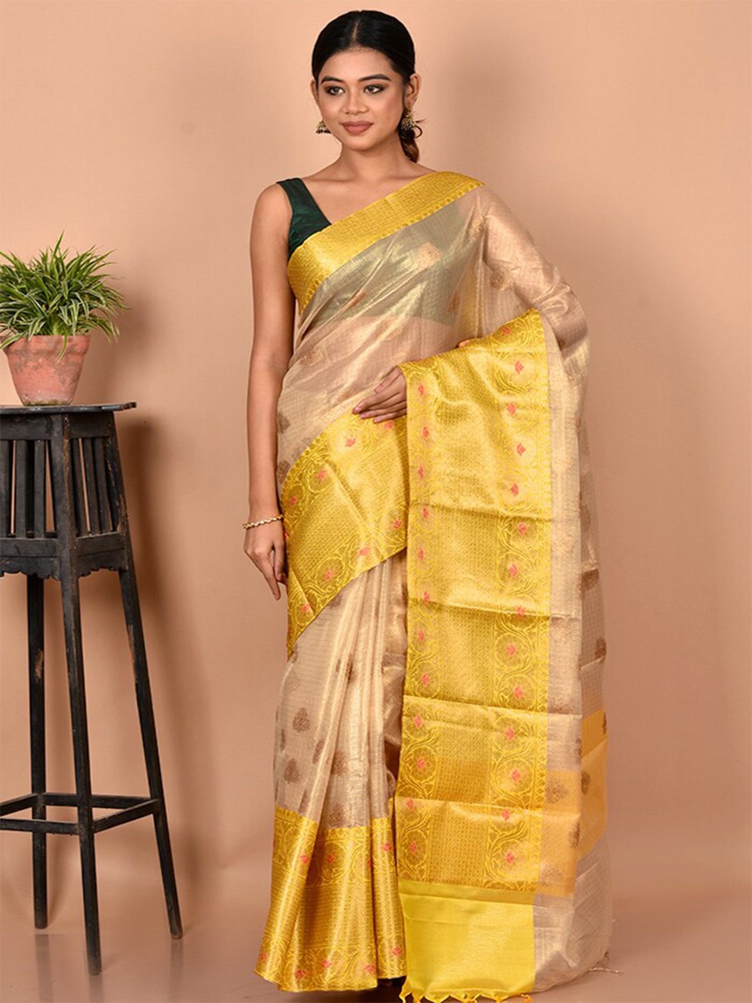 

AllSilks Cream-Coloured & Yellow Floral Zari Silk Blend Saree