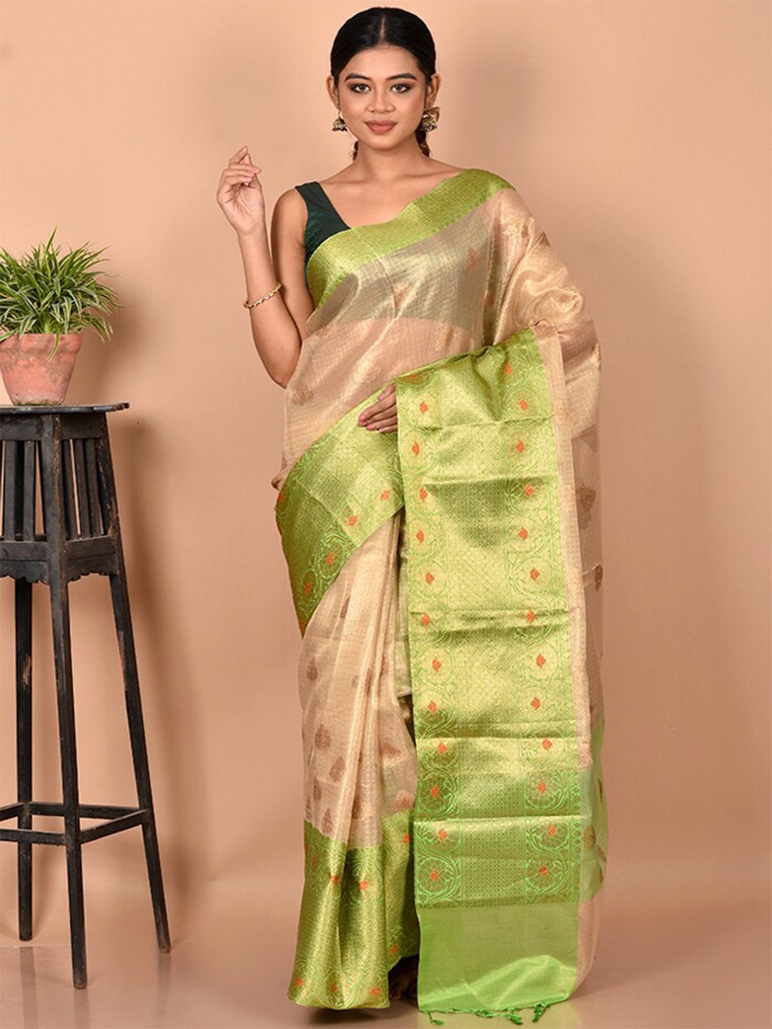 

AllSilks Cream-Coloured & Green Floral Zari Silk Blend Saree