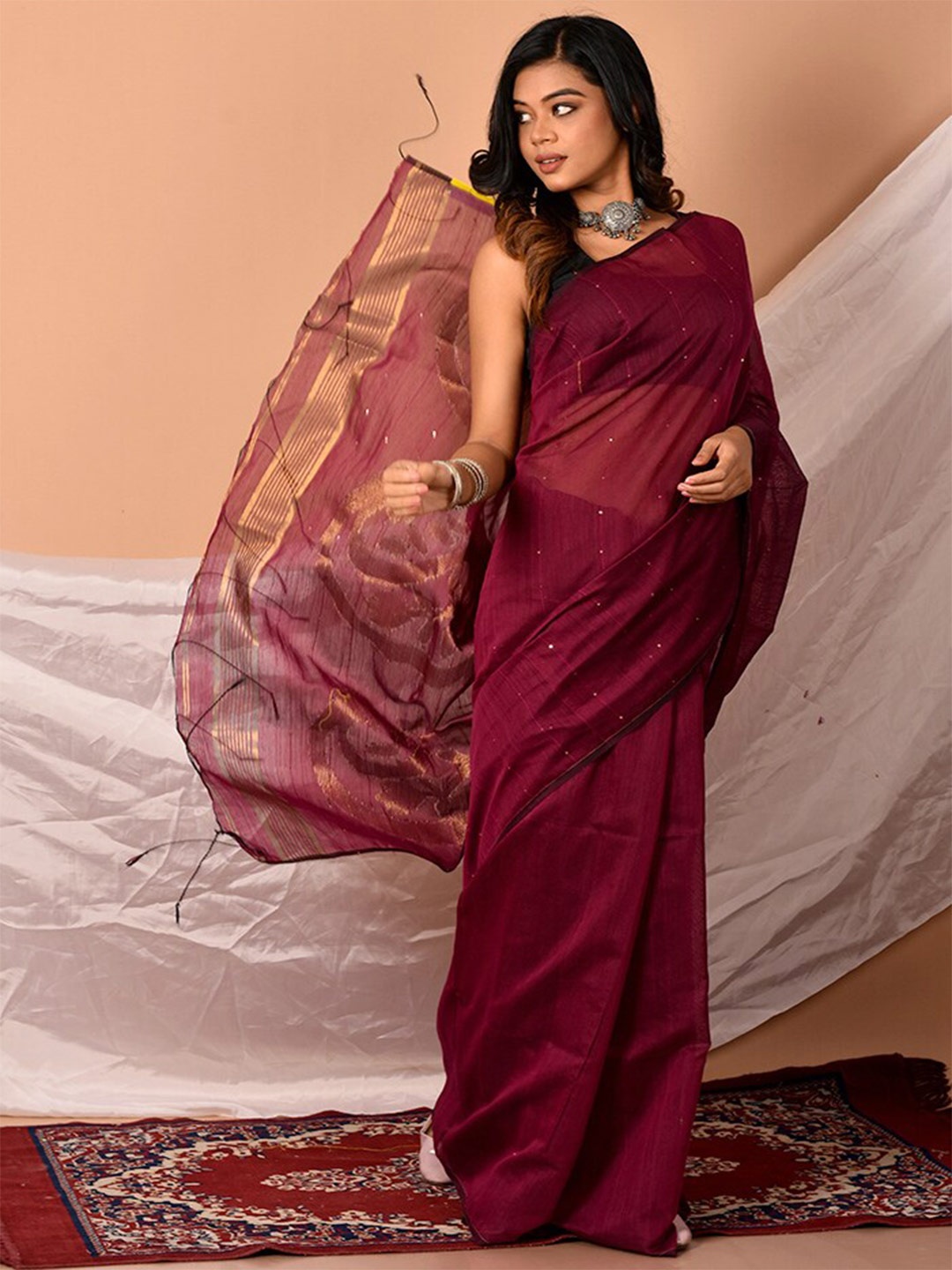 

AllSilks Purple Striped Sequinned Silk Blend Saree