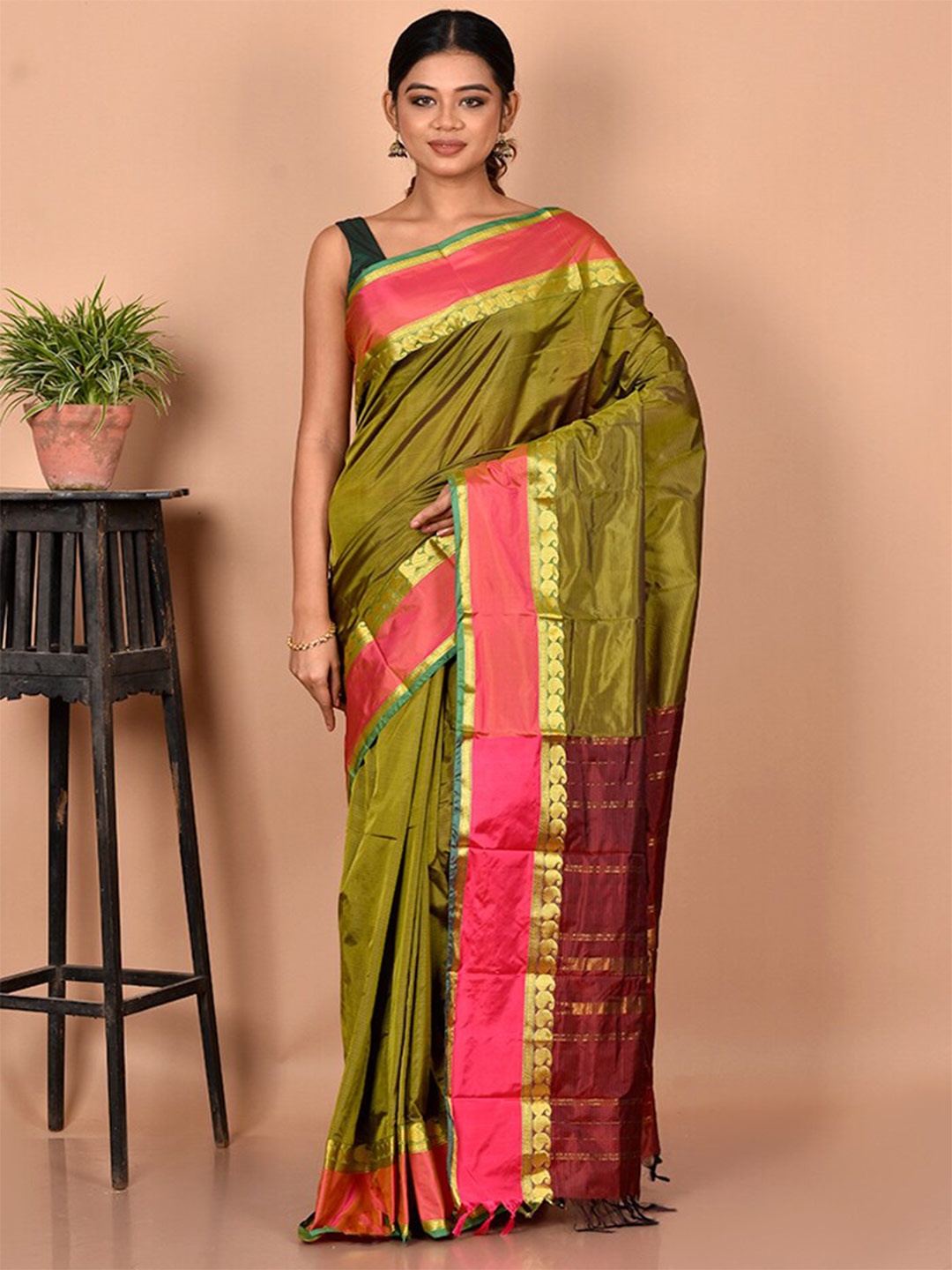 

AllSilks Green & Pink Zari Silk Blend Kanjeevaram Saree