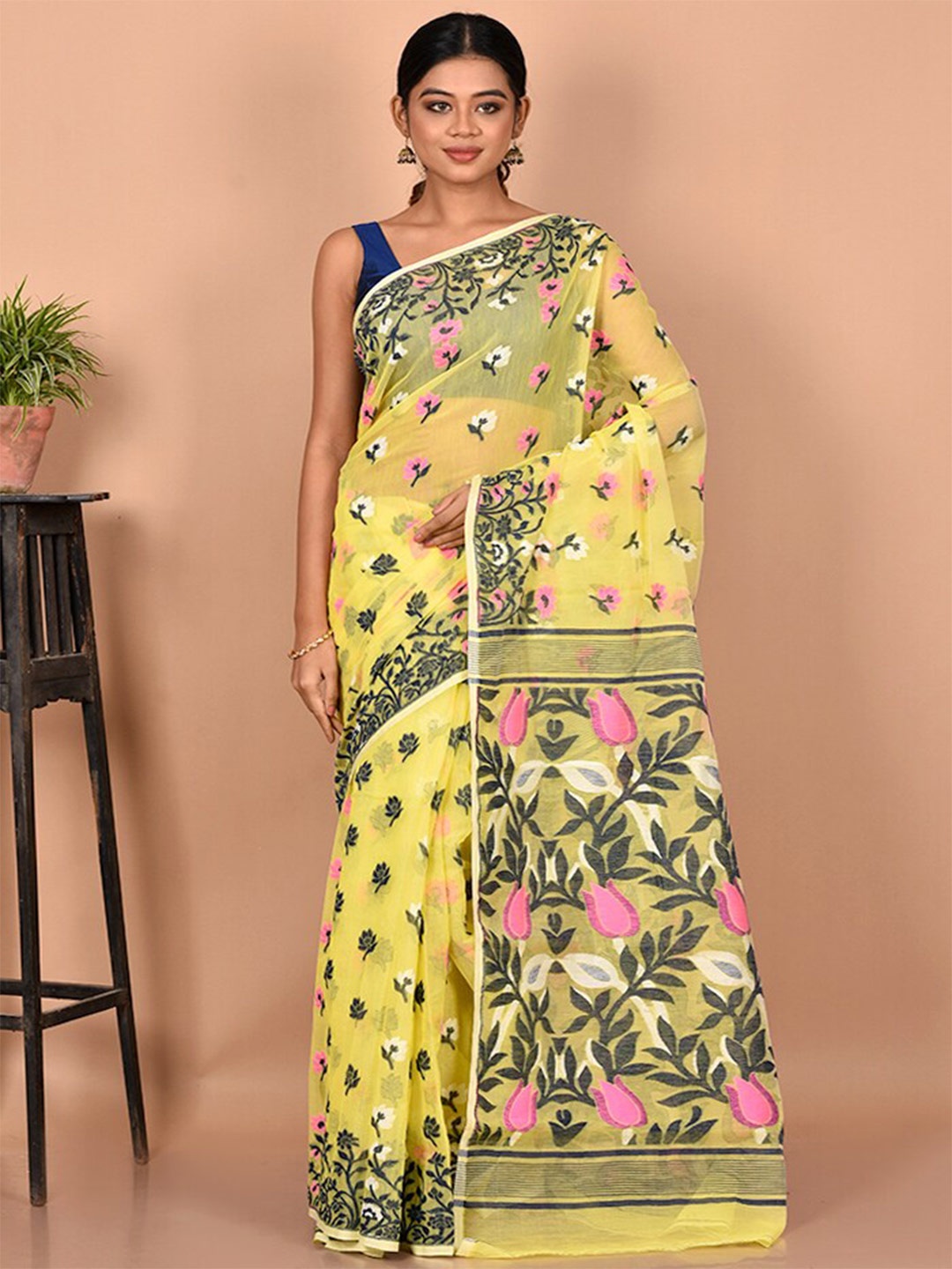 

AllSilks Yellow & Grey Floral Pure Cotton Taant Saree