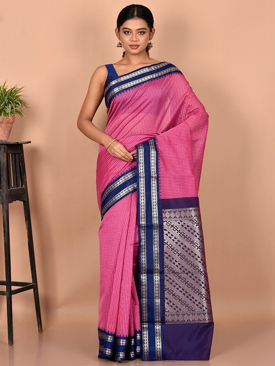 

AllSilks Pink & Navy Blue Woven Design Zari Pure Cotton Saree