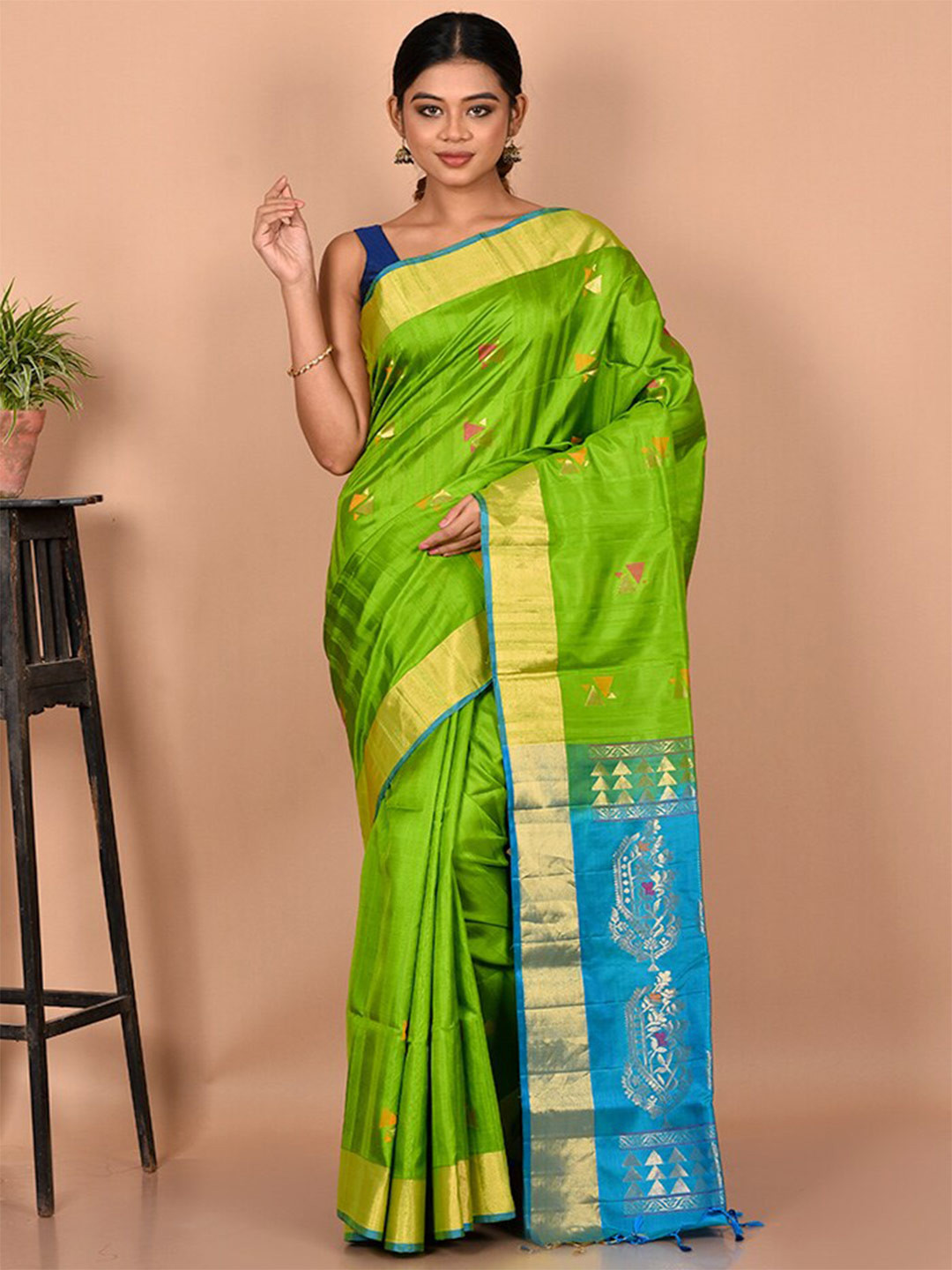 

AllSilks Green & Blue Floral Zari Pure Silk Kanjeevaram Saree