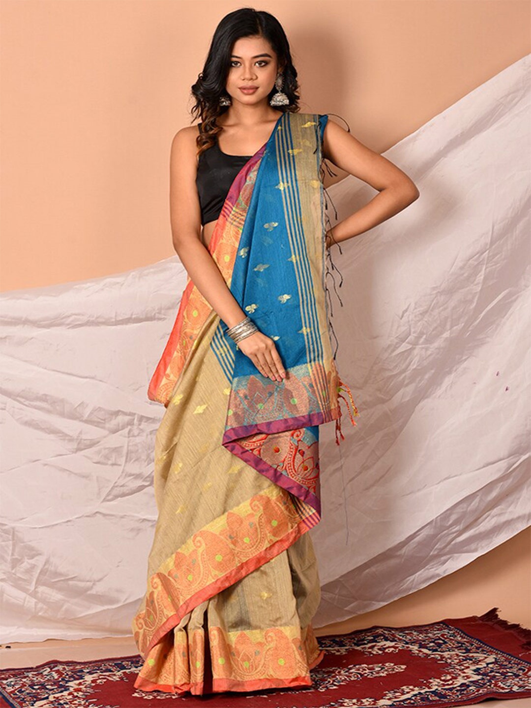 

AllSilks Cream-Coloured & Blue Ethnic Motifs Silk Blend Saree