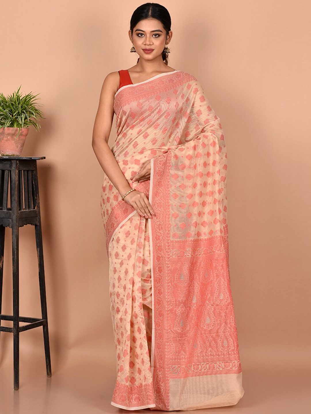 

AllSilks Cream-Coloured & Pink Floral Silk Blend Saree