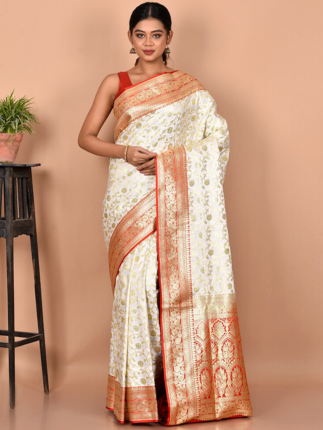 

AllSilks White & Red Woven Design Zari Pure Silk Banarasi Saree