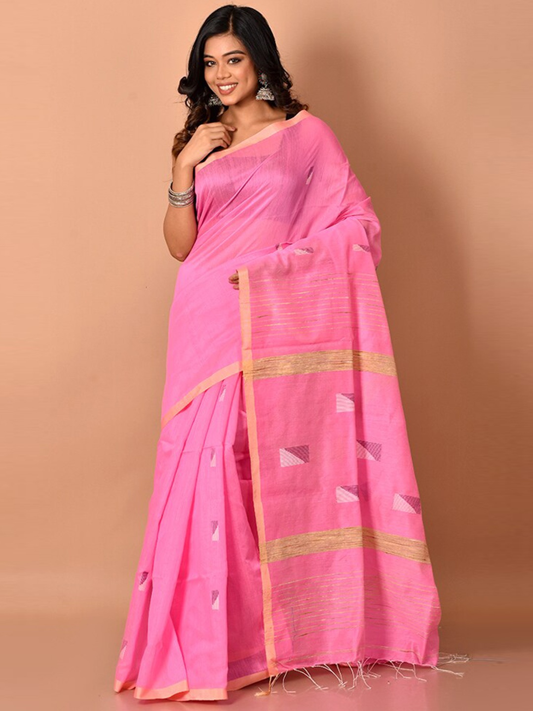 

AllSilks Pink & Beige Woven Design Silk Blend Saree